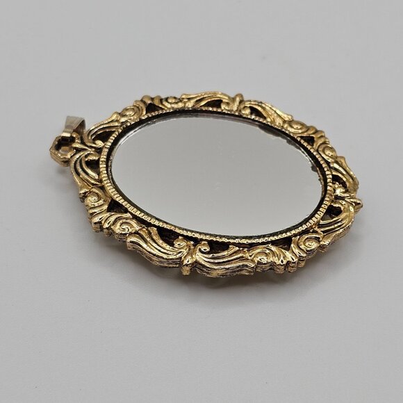 VTG Necklace Pendant Floral Cameo Mirror Backed Gold Tone Frame Antique Revival - Picture 4 of 10